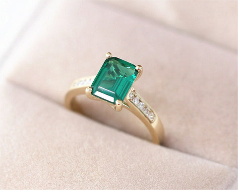 2.10 Ct Emerald Cut Green Emerald 925 Sterling Silver Solitaire W/Accents Engagement Ring