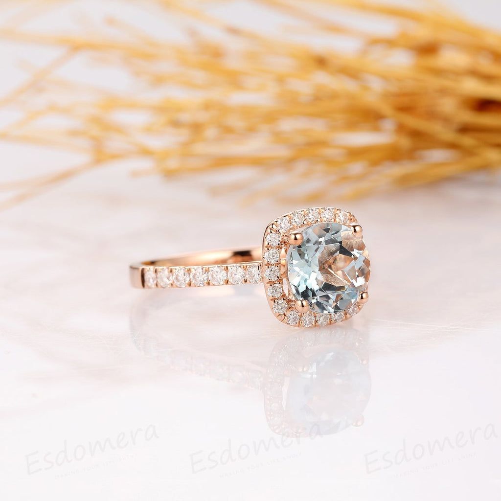 1.5 CT Round Cut Aquamarine Diamond Rose Gold Over On 925 Sterling Silver Halo Promise Ring,