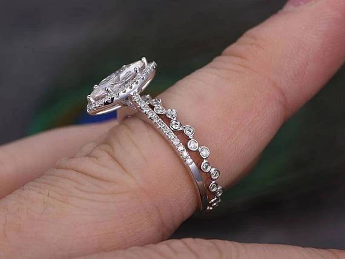 1 CT Marquise Cut Diamond 925 Sterling Silver Halo Wedding Ring Set
