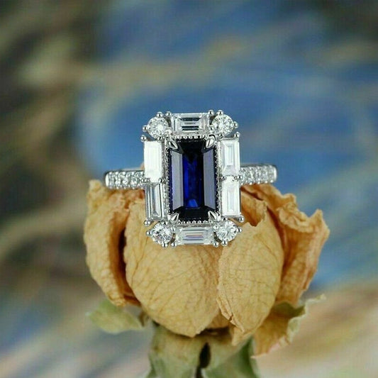 3.25 Ct Emerald Cut Blue Sapphire 925 Sterling Silver Engagement Wedding Band Ring