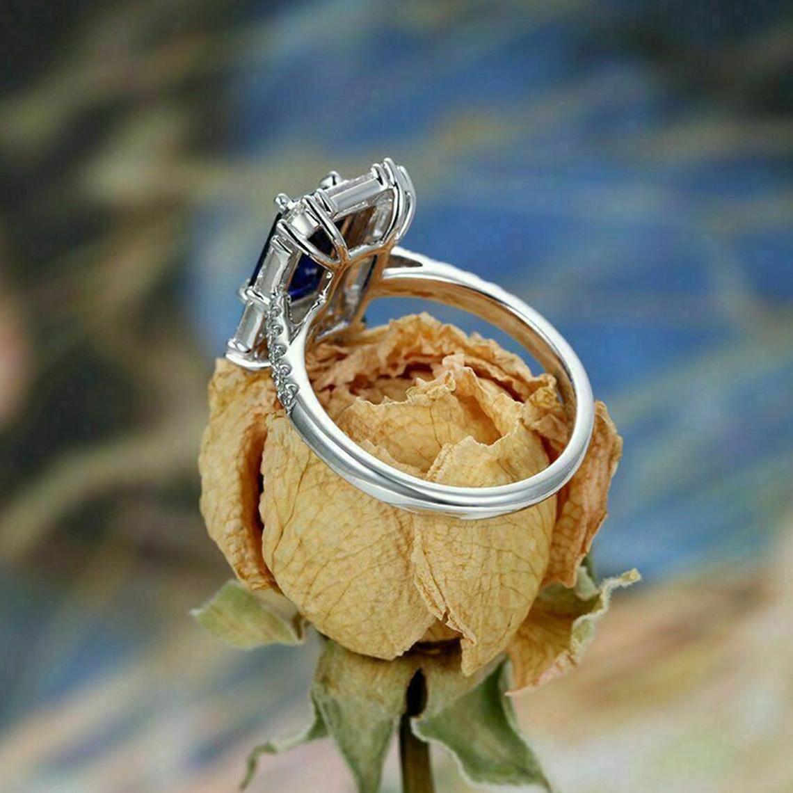 3.25 Ct Emerald Cut Blue Sapphire 925 Sterling Silver Engagement Wedding Band Ring