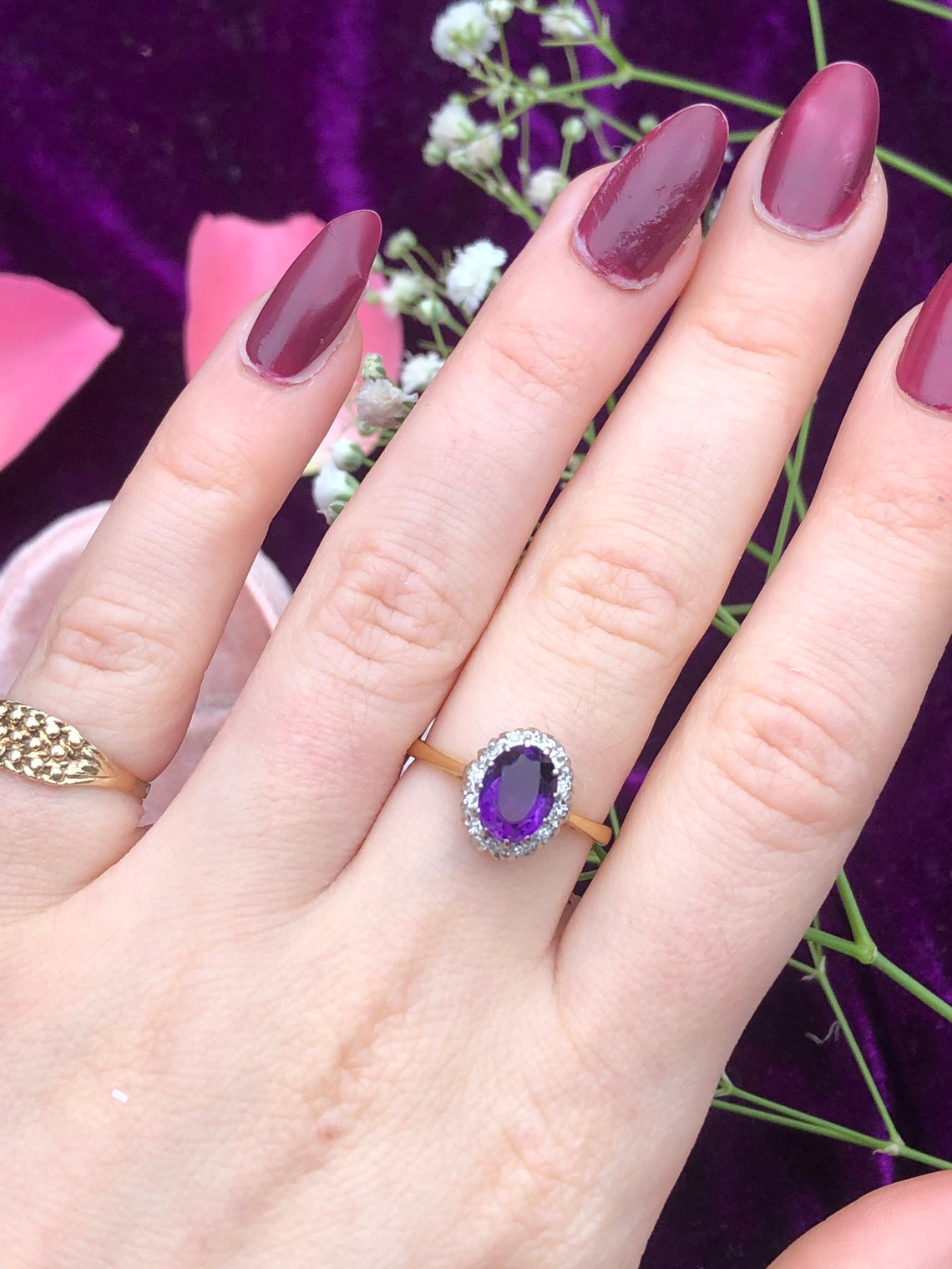 1 CT Oval Cut Amethyst & Diamond 925 Sterling Silver Halo Engagement Ring