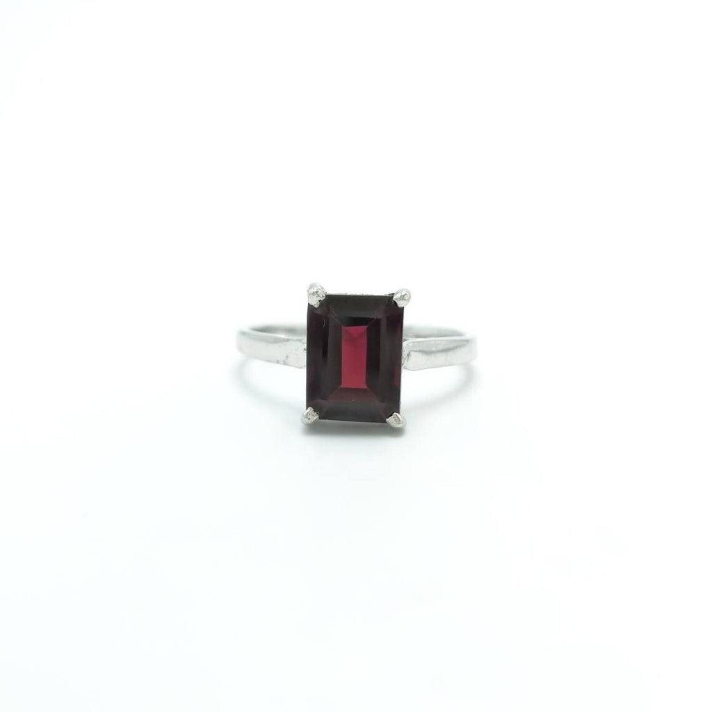 1 CT  Emerald Cut Red Garnet White Gold Over On 925 Sterling Silver Solitaire Promise Ring