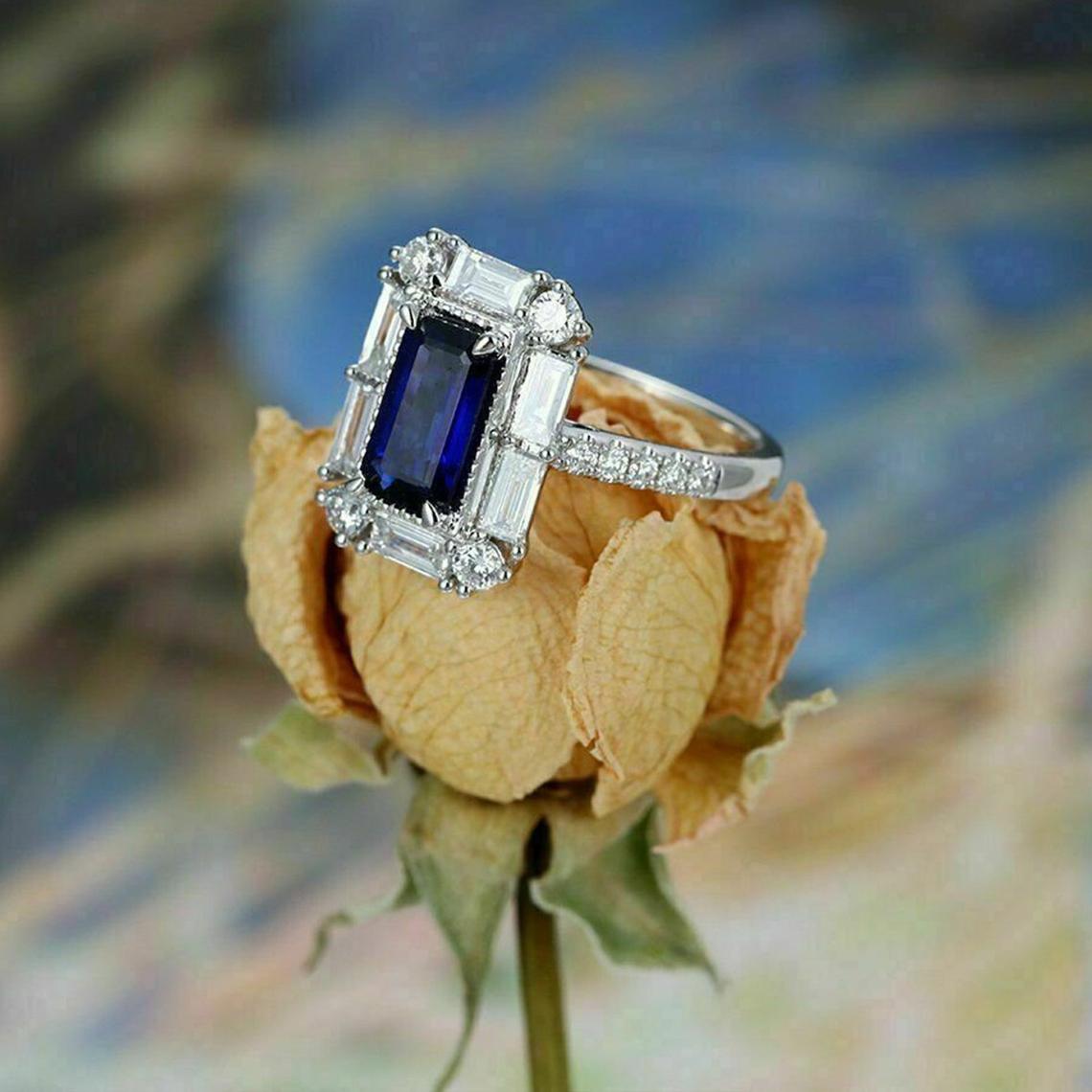 3.25 Ct Emerald Cut Blue Sapphire 925 Sterling Silver Engagement Wedding Band Ring