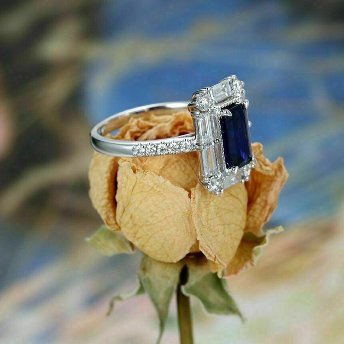 3.25 Ct Emerald Cut Blue Sapphire 925 Sterling Silver Engagement Wedding Band Ring