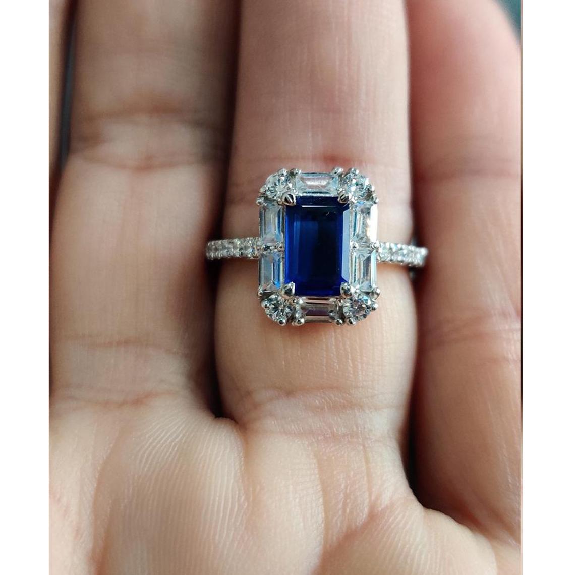 3.25 Ct Emerald Cut Blue Sapphire 925 Sterling Silver Engagement Wedding Band Ring