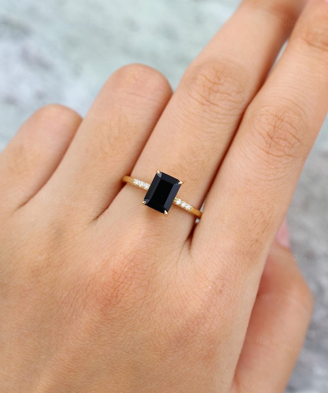 1 CT 925 Sterling-Silver Black Cubic Zirconia Emerald Cut Diamond Halo Engagement Ring