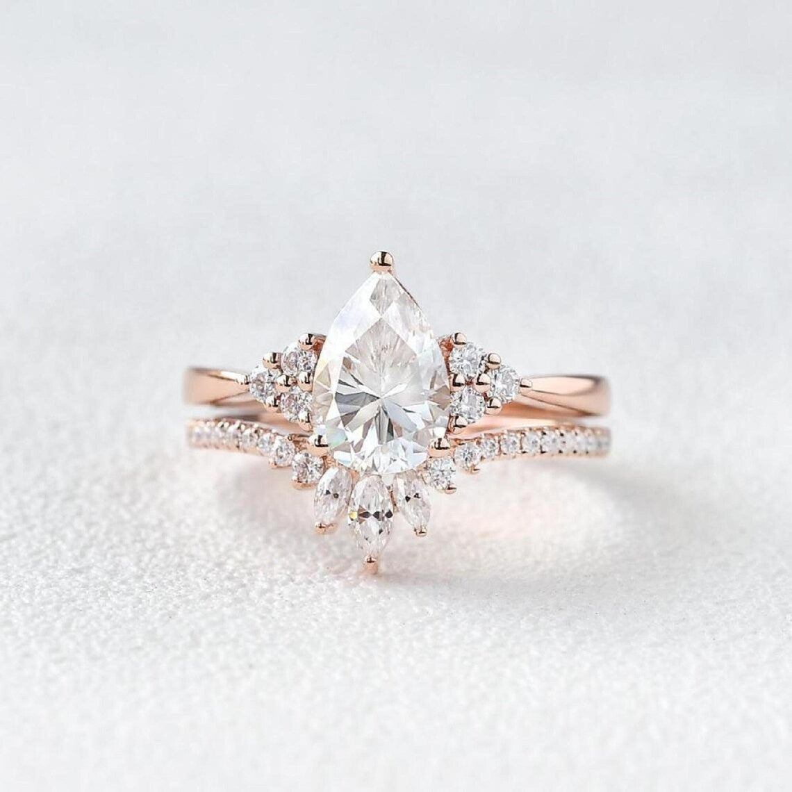 2 CT Pear Cut White Diamond White Gold Over On 925 Sterling Silver Bridal Wedding Ring Set