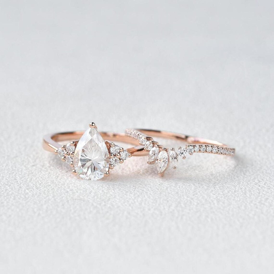 2 CT Pear Cut White Diamond White Gold Over On 925 Sterling Silver Bridal Wedding Ring Set