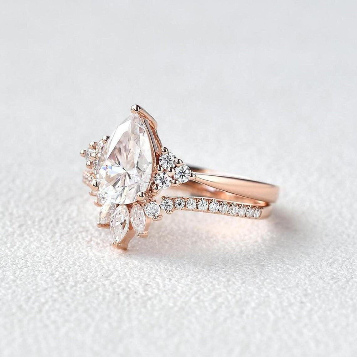 2 CT Pear Cut White Diamond White Gold Over On 925 Sterling Silver Bridal Wedding Ring Set