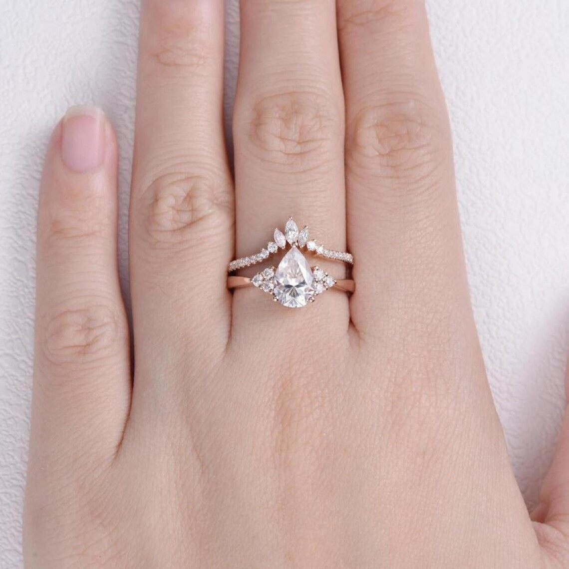 2 CT Pear Cut White Diamond White Gold Over On 925 Sterling Silver Bridal Wedding Ring Set