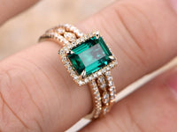 1 Ct Emerald  Cut Green Emerald Diamond Yellow Gold Over On 925 Sterling Silver Halo Trio Wedding Ring Set