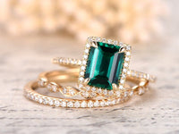 1 Ct Emerald  Cut Green Emerald Diamond Yellow Gold Over On 925 Sterling Silver Halo Trio Wedding Ring Set