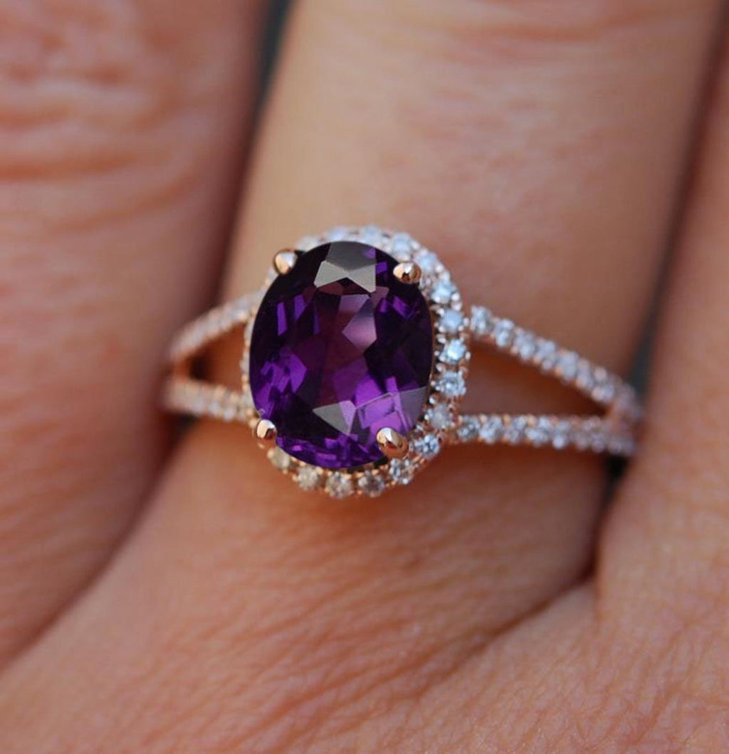 2 CT Round Cut Amethyst Diamond Rose Gold Over On 925 Sterling Silver Promise Ring For Women