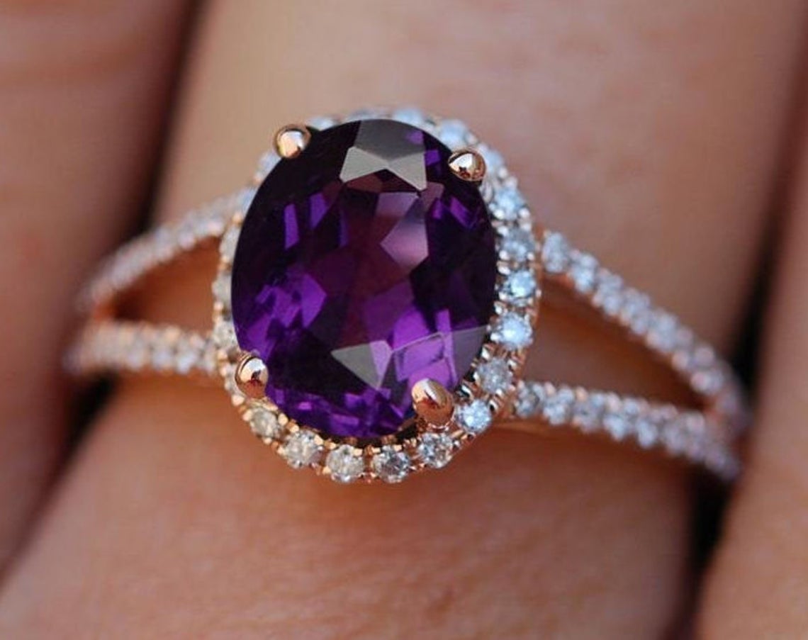 2 CT Round Cut Amethyst Diamond Rose Gold Over On 925 Sterling Silver Promise Ring For Women
