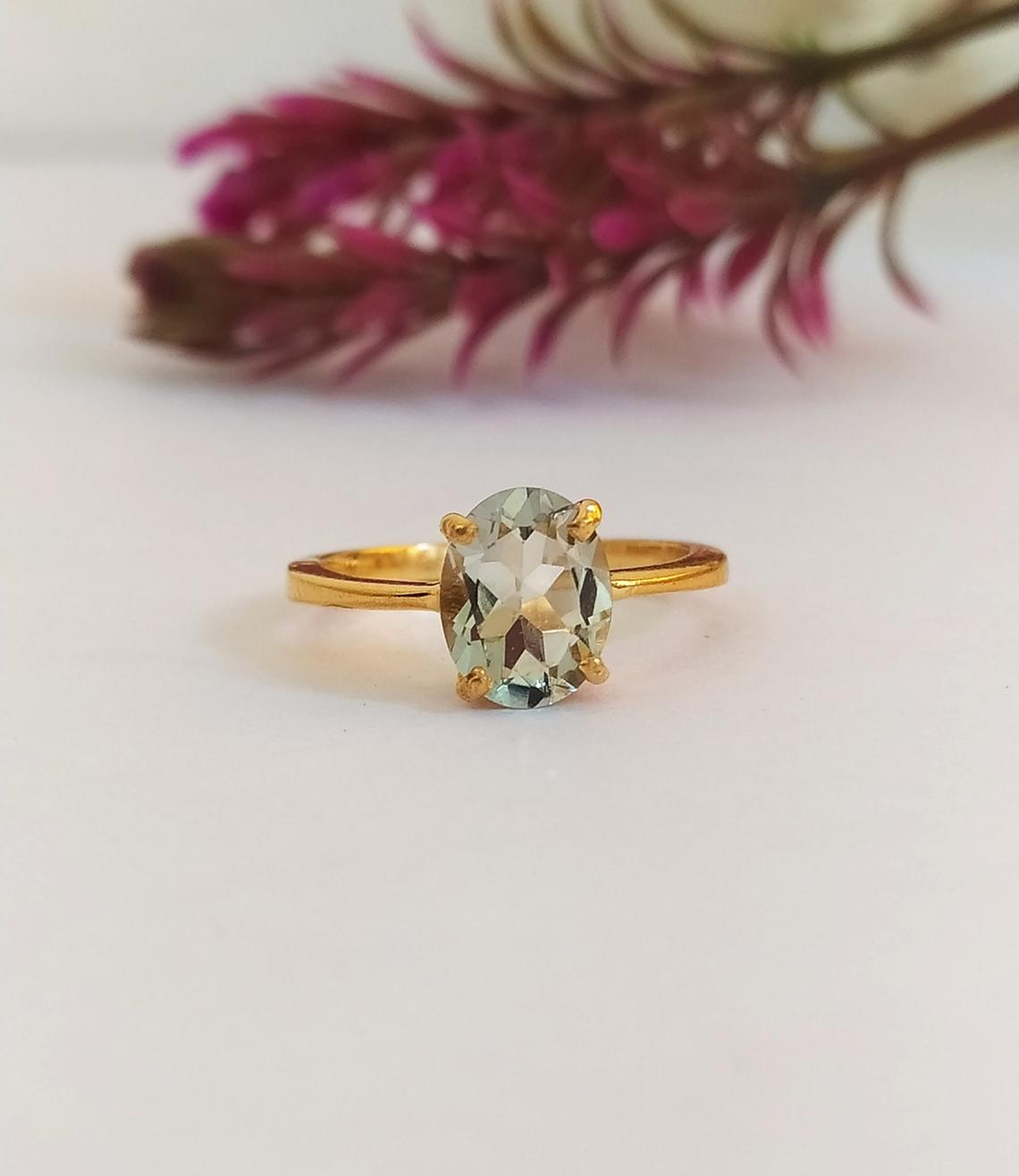 1 CT 925 Sterling Silver Green Amethyst Oval Cut Solitaire Anniversary Ring
