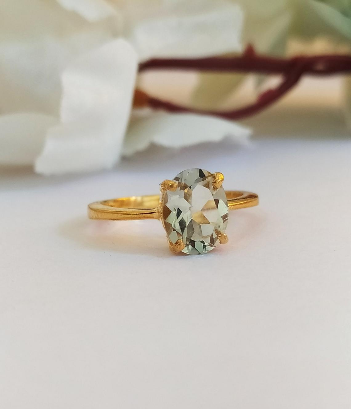1 CT 925 Sterling Silver Green Amethyst Oval Cut Solitaire Anniversary Ring