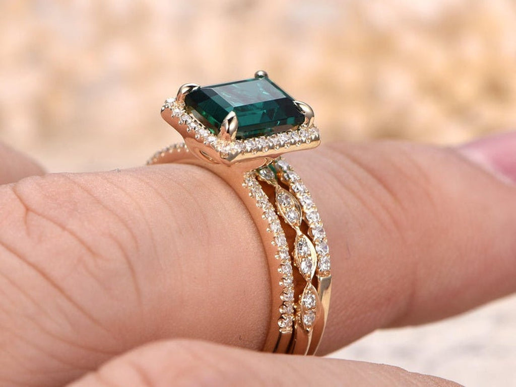 1 Ct Emerald  Cut Green Emerald Diamond Yellow Gold Over On 925 Sterling Silver Halo Trio Wedding Ring Set