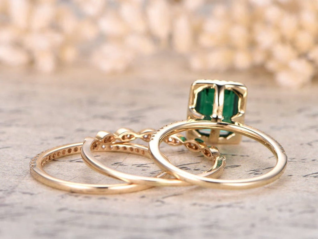 1 Ct Emerald  Cut Green Emerald Diamond Yellow Gold Over On 925 Sterling Silver Halo Trio Wedding Ring Set