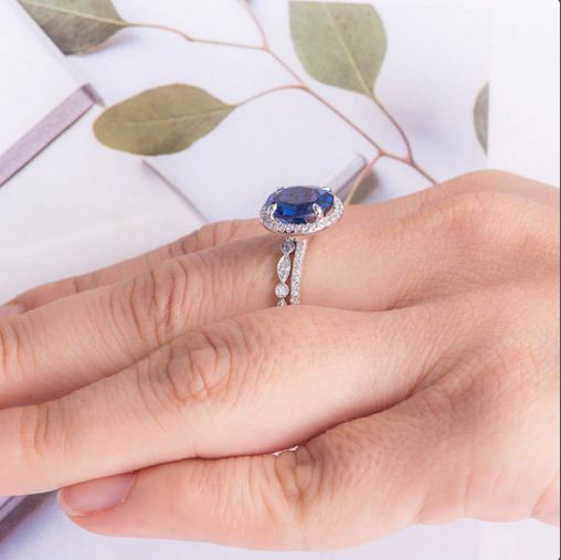 2.75 Ct Oval Cut Blue Sapphire 925 Sterling Silver Halo & Half Eternity Band Bridal Ring Set