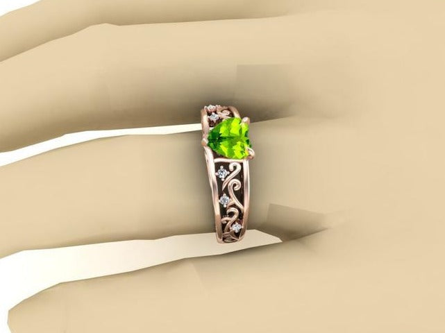 1/2 CT 925 Sterling Silver Green Peridot Heart Cut Diamond Wedding Engagement Ring
