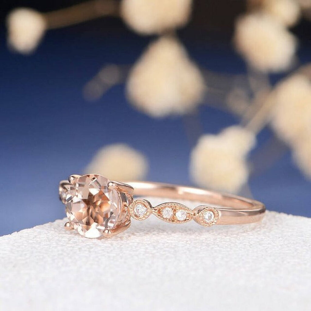 1 CT Round Cut Peach Morganite Rose Gold Over On 925 Sterling Silver Halo Promise Ring