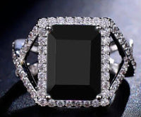 1 CT 925 Sterling Silver Black Cubic Zirconia Emerald Cut Diamond Halo Engagement Ring