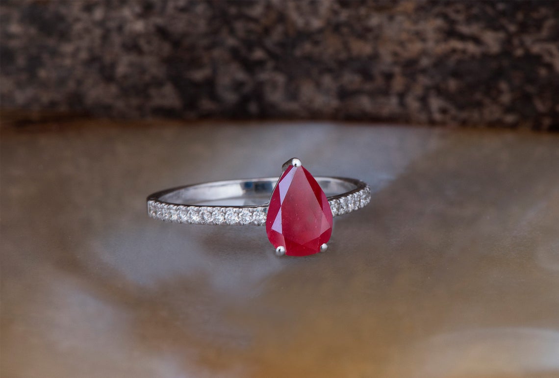 1 CT Sterling Silver Red Ruby Pear Cut Diamond Women Anniversary Promised Ring