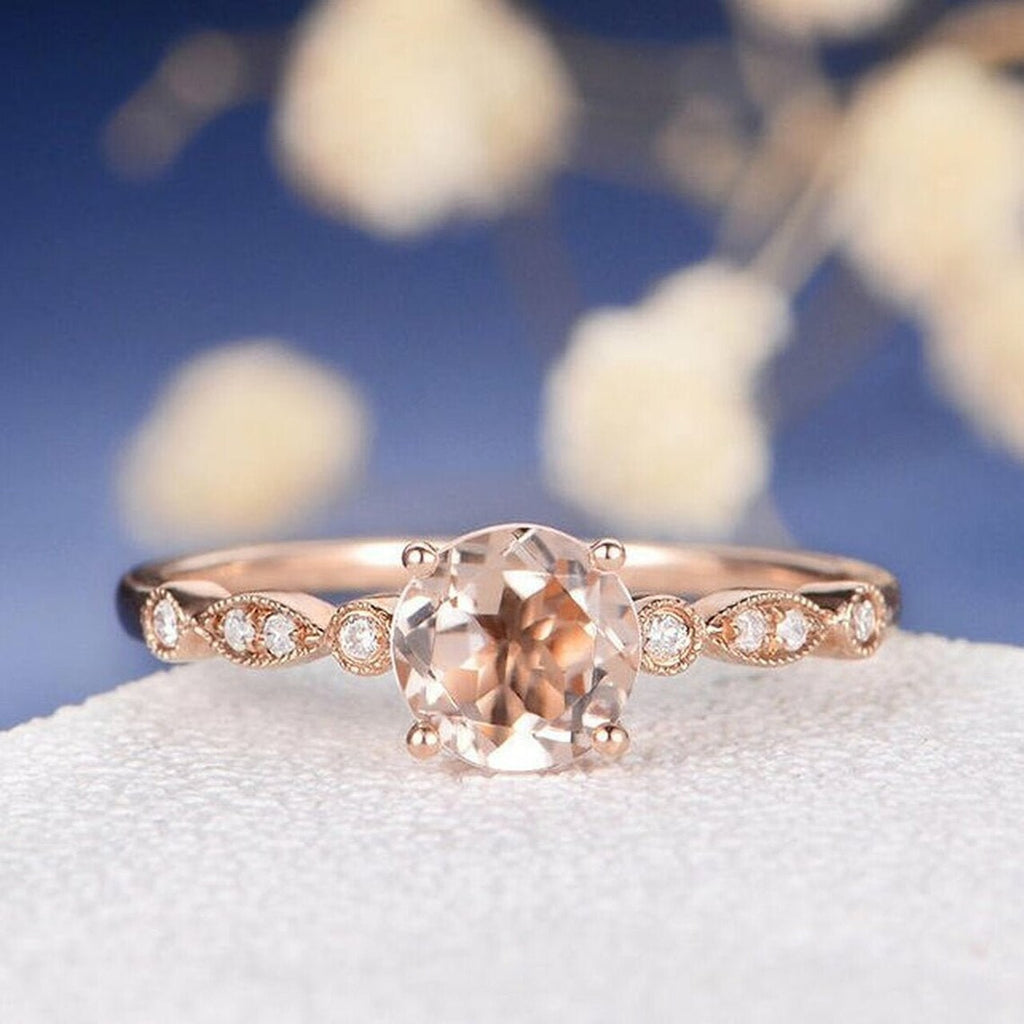 1 CT Round Cut Peach Morganite Rose Gold Over On 925 Sterling Silver Halo Promise Ring