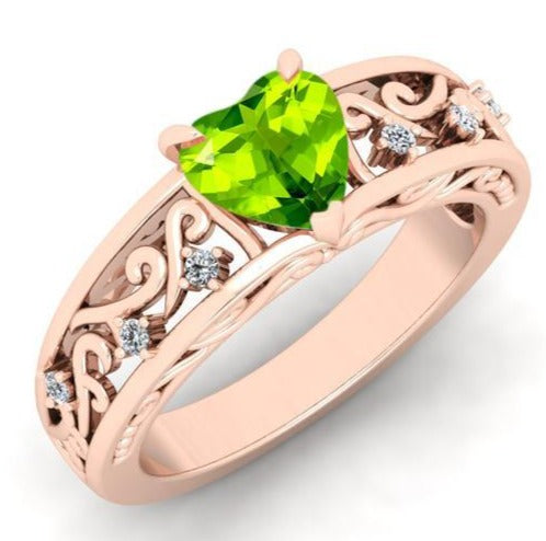 1/2 CT 925 Sterling Silver Green Peridot Heart Cut Diamond Wedding Engagement Ring