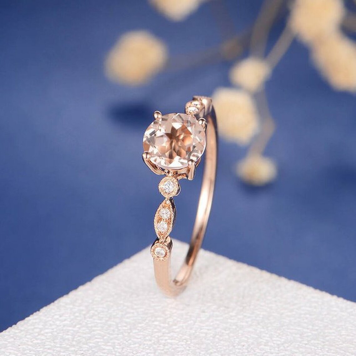 1 CT Round Cut Peach Morganite Rose Gold Over On 925 Sterling Silver Halo Promise Ring