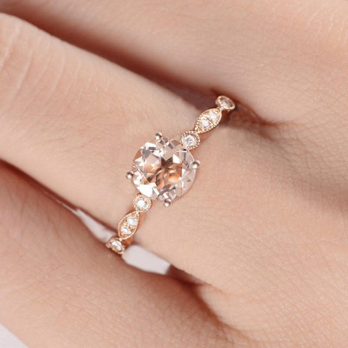 1 CT Round Cut Peach Morganite Rose Gold Over On 925 Sterling Silver Halo Promise Ring