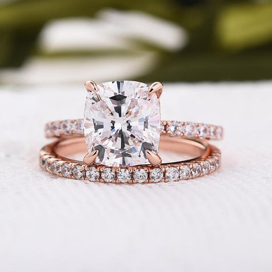 3.00 CT Cushion Cut Rose Gold Over On 925 Sterling Silver Wedding Band Bridal Ring Set
