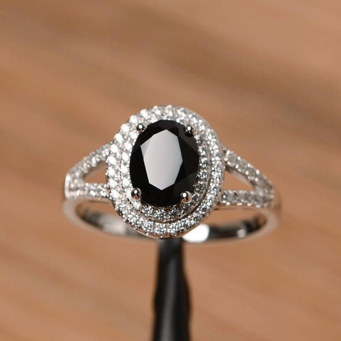 1 CT Oval Cut Black Cubic Zirconia Diamond 925 Sterling Sliver Women Engagement Halo Ring