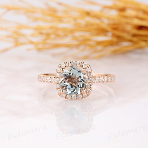 1.5 CT Round Cut Aquamarine Diamond Rose Gold Over On 925 Sterling Silver Halo Promise Ring,