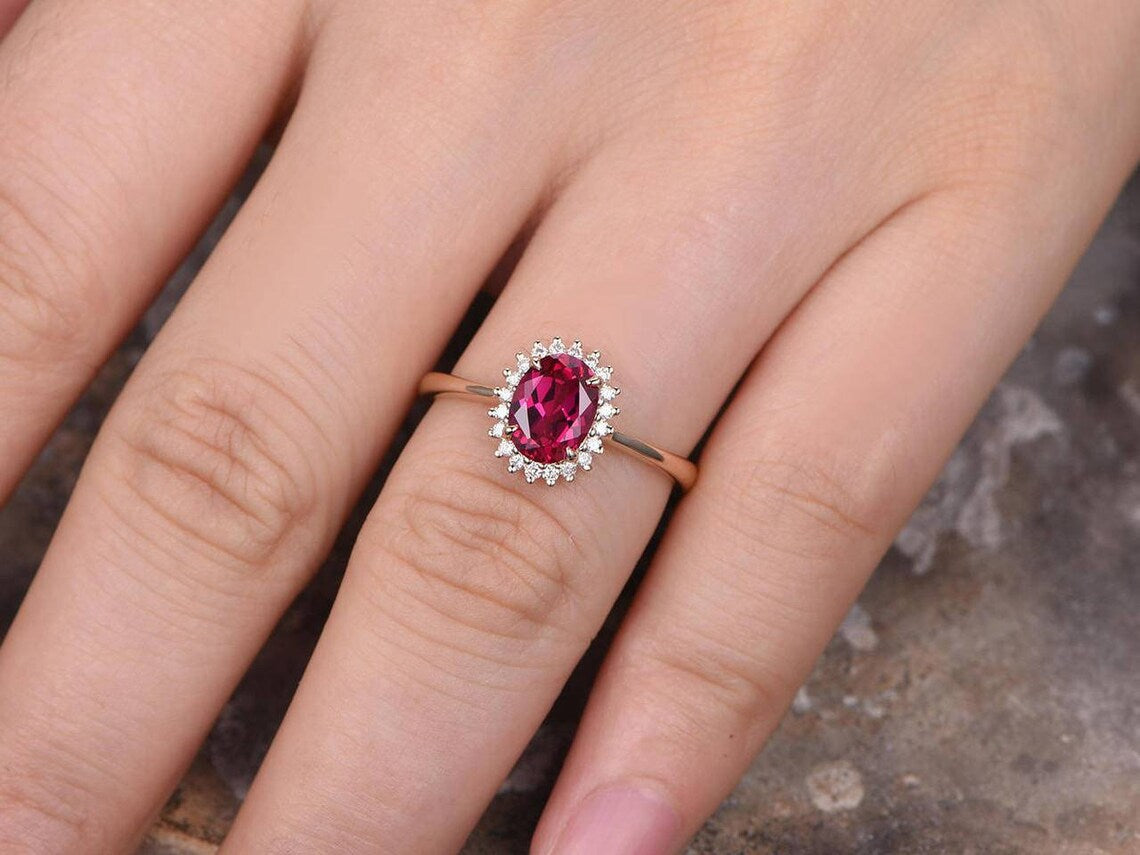 2.50 Ct Oval Cut Ruby Yellow Gold Over On 925 Sterling Silver Halo Anniversary Ring