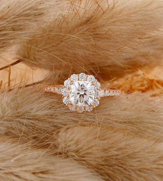 1 CT Cushion Cut Diamond Rose Gold Over On 925 Sterling Silver Halo Anniversary Ring
