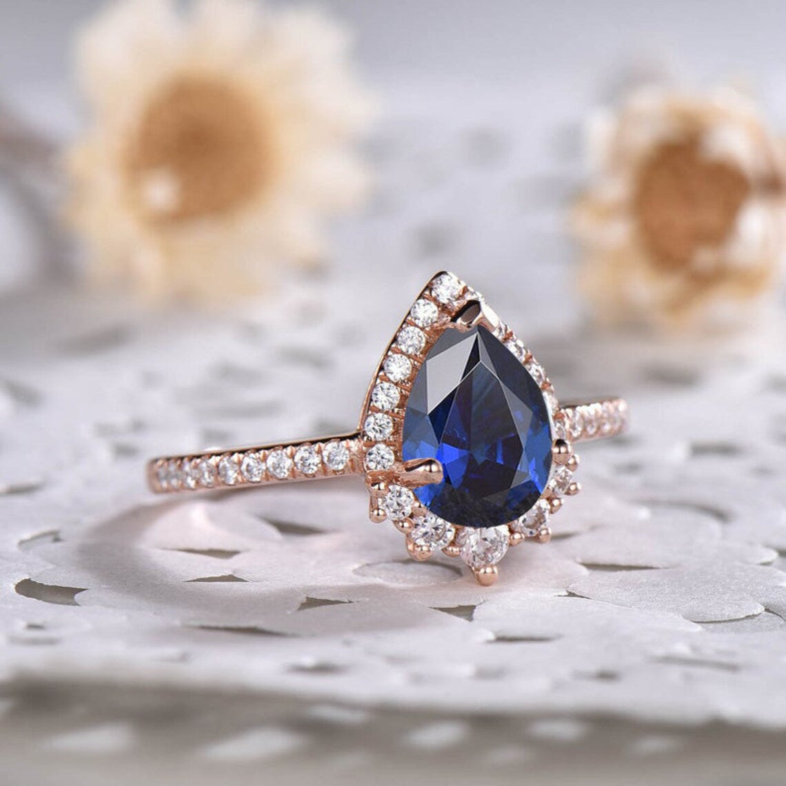 2.30 Ct Pear Cut Blue Sapphire Rose Gold Over On 925 Sterling Silver Halo Engagement Ring