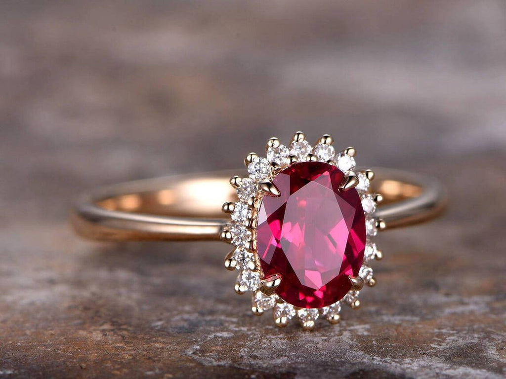 2.50 Ct Oval Cut Ruby Yellow Gold Over On 925 Sterling Silver Halo Anniversary Ring