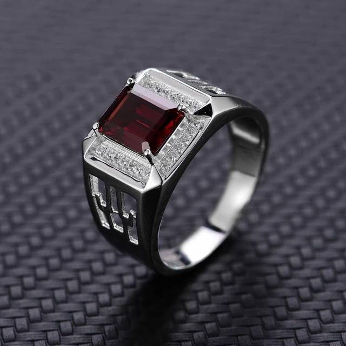 Ct Emerald Cut Red Garnet White Gold Over On 925 Sterling Silver  Wedding Men's Ring