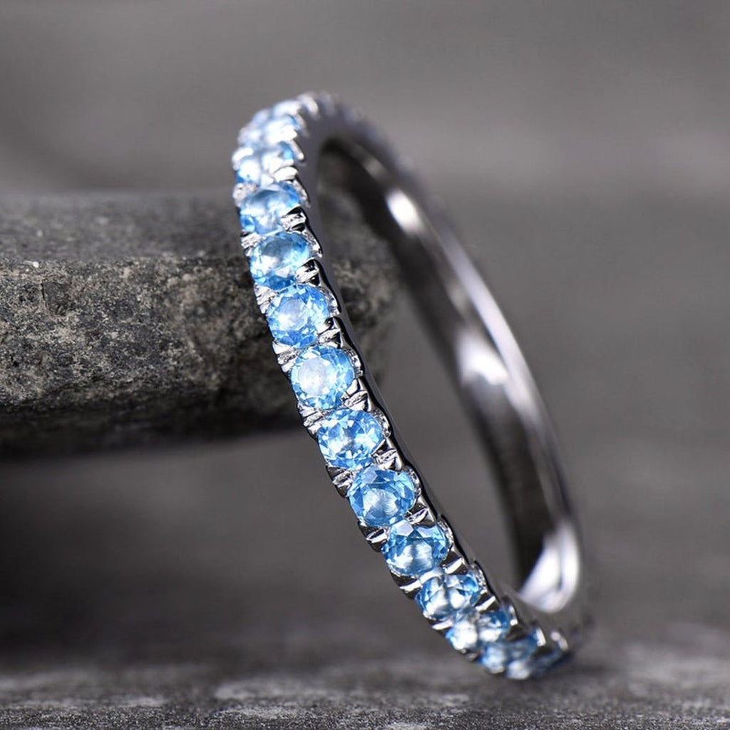 1.50 CT Round Cut Sky Blue Topaz Diamond White Gold Over On 925 Sterling Silver Full Eternity Wedding Band Ring
