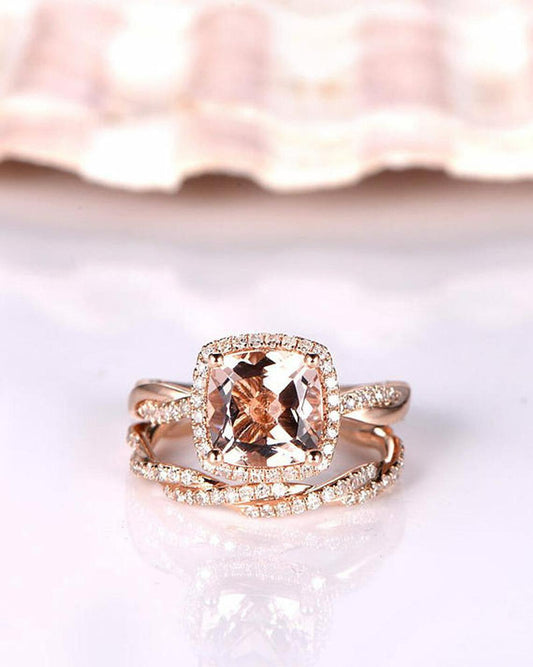 2.75 Cushion Cut Morganite Diamond  Rose Gold Over On 925 Sterling Silver Anniversary Bridal Ring Set