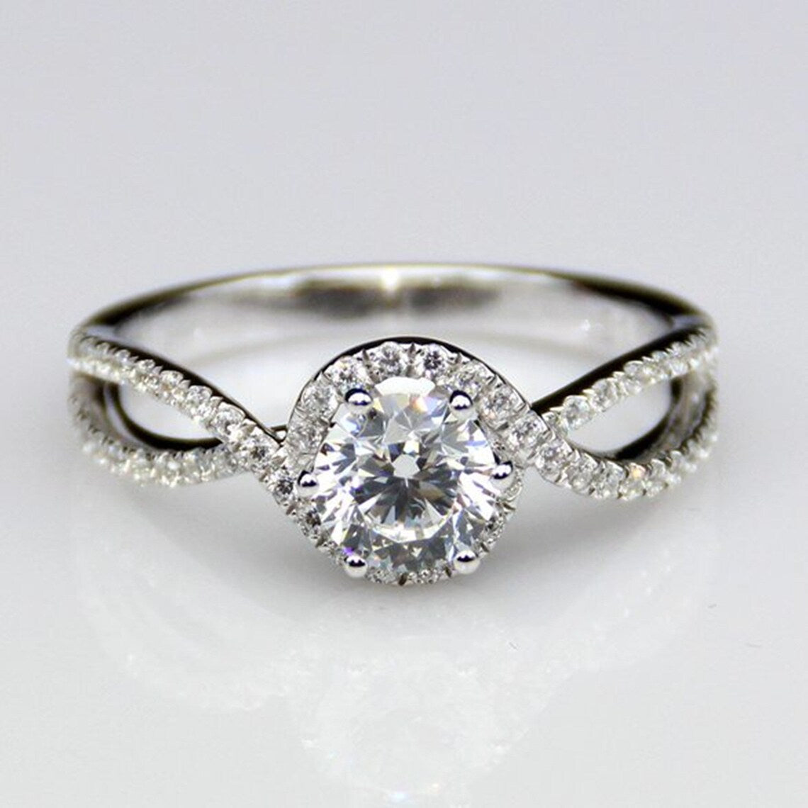 1 CT Round Cut White Diamond White Gold Over On 925 Sterling Silver Halo Split Shank Ring