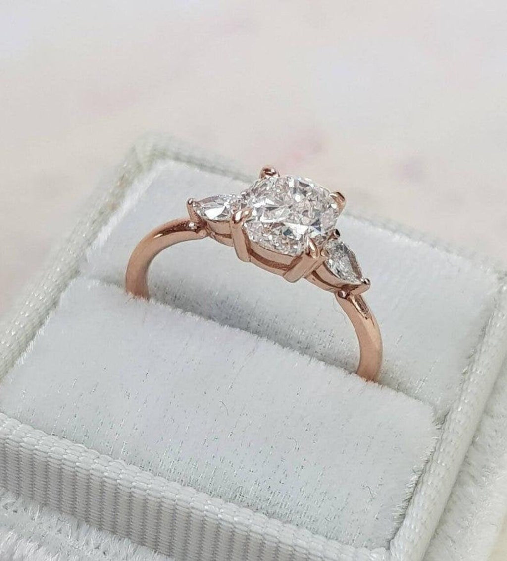 2.50 CT Cushion Cut CZ Diamond Rose Gold Over On 925 Sterling Silver Solitaire W/Accents Ring