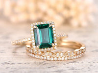 1 Ct Emerald  Cut Green Emerald Diamond Yellow Gold Over On 925 Sterling Silver Halo Trio Wedding Ring Set