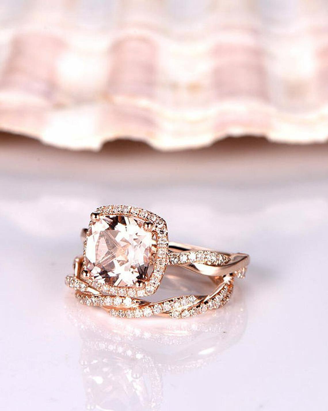 2.75 Cushion Cut Morganite Diamond  Rose Gold Over On 925 Sterling Silver Anniversary Bridal Ring Set