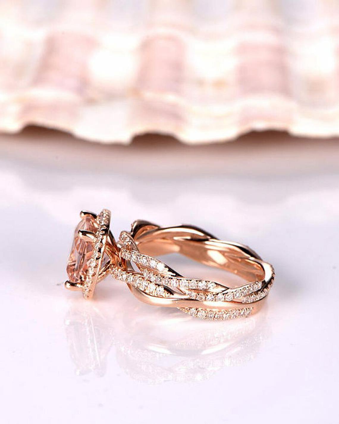 2.75 Cushion Cut Morganite Diamond  Rose Gold Over On 925 Sterling Silver Anniversary Bridal Ring Set