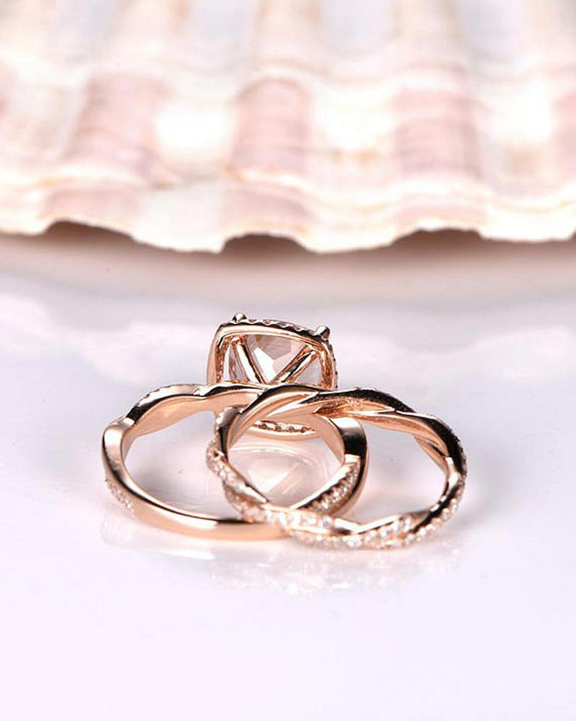2.75 Cushion Cut Morganite Diamond  Rose Gold Over On 925 Sterling Silver Anniversary Bridal Ring Set