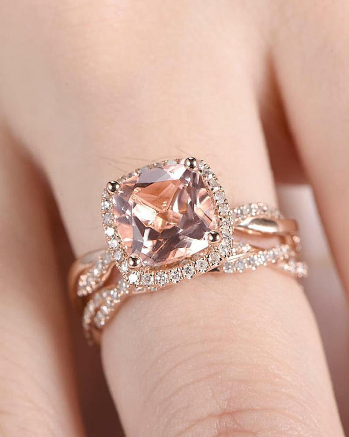 2.75 Cushion Cut Morganite Diamond  Rose Gold Over On 925 Sterling Silver Anniversary Bridal Ring Set