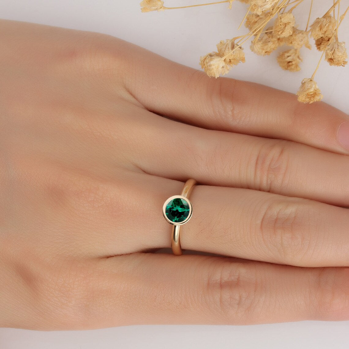 1.00 Ct Round Cut Green Emerald May Birthstone 925 Sterling Silver Solitaire Bezel Set Ring